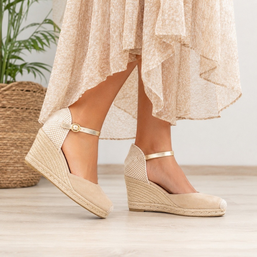Kanna Beige Suede Espadrille Wedge Sandals Gold Ankle Strap Spain EU‎ 39 US 8.5